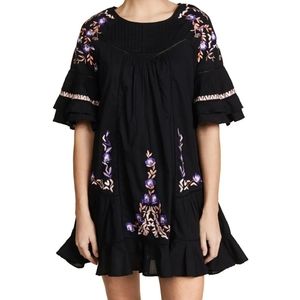 Free People Pavlo Baby Doll Floral Embroidered Ruffle Sleeves Black Mini Dress